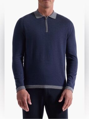 Bugatchi Long Sleeve Merino Wool Quarter Zip Polo Sweater Navy Blue XXL NWT
